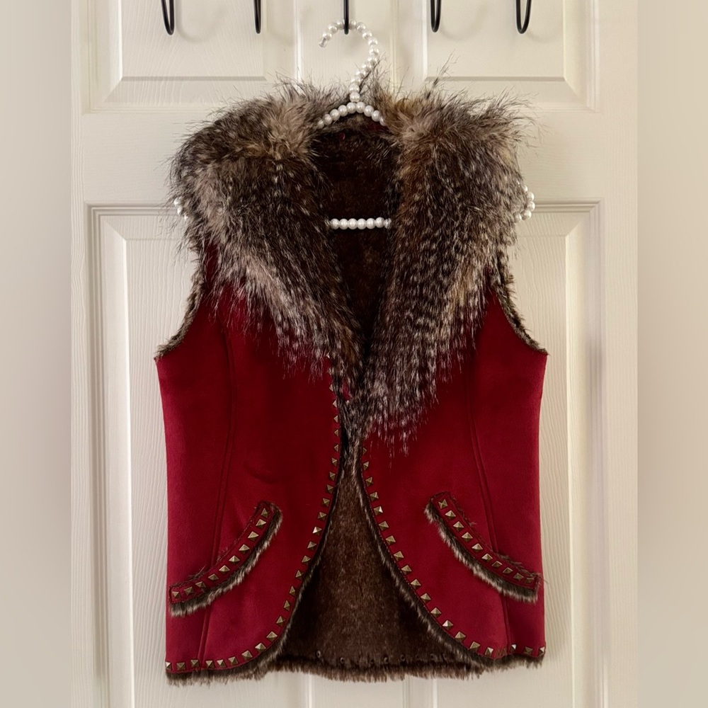 Gorgeous Deep Red Vest with Faux Fur trim in Beige and Bronze Divots as trim.